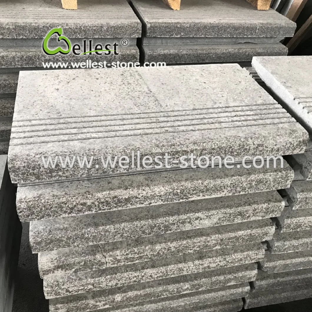 Anti-Slip Grooved Grey Granite Stair Treads for Commercial/Government Projects